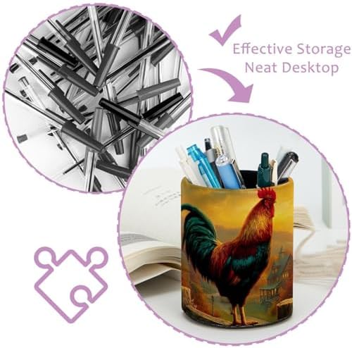 Faux Leather Pen Holder for Desk, Pencil Organizer Rooster Pen Cup Desk Decor Makeup Brush Holder Storage for Office Home
