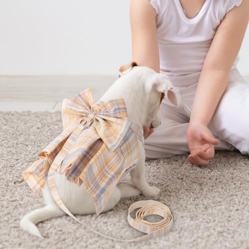 Potchen 4 Pcs Plaid Dog Dresses with Bow Harness and Leashes,M,Light Color