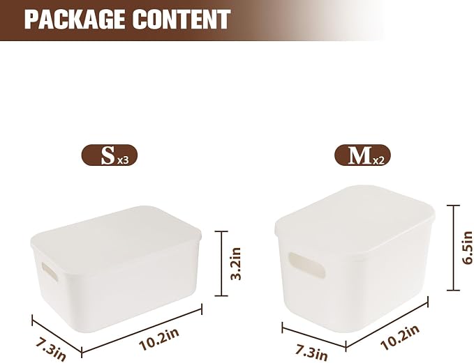 ANMINY White Plastic Storage Bins Baskets with Lids, 5-Pack, 2M+3S | Large Plastic Bins, Sturdy PET, with Handles, Stackable, Opaque Storage Boxes, for Closet Shelves Desk, White Lids