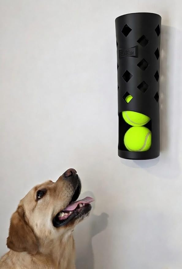 Wall Mounted Tennis Ball Holder for Dogs (Black) | Weatherproof ASA Dog Ball Storage for Garage, Patio, Mudroom or Porch - Fits Ball Launchers & Chuckers - Made in USA