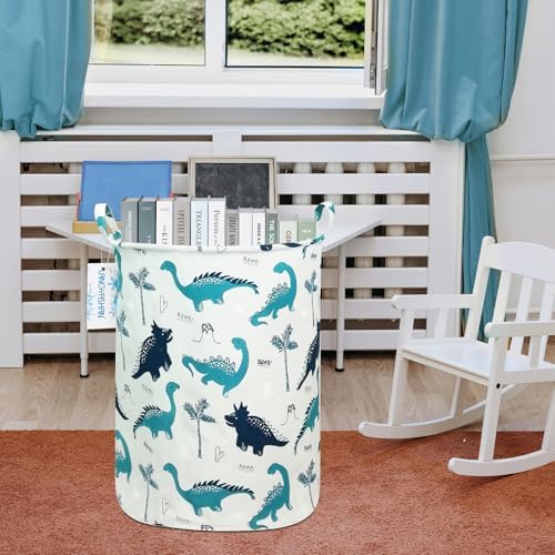 Round Laundry Basket Collapsible Storage Hamper Organizer Full Dinosaur | Waterproof Canvas Foldable Baskets with sturdy Handles Multi-scene Organizer for Home Play Bedroom Gift Bin