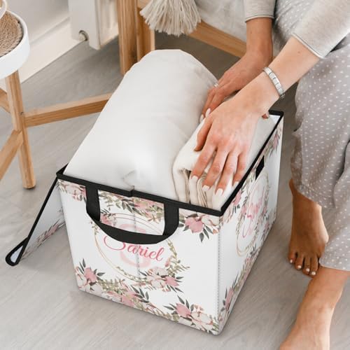 Pink Flower Storage Bin with Lid Personalized Storage Baskets for Organizing Foldable Closet Organizers with Handles,Cute Basket for Boys Girls for Clothes Blanket Pet Dog Toy Basket Storage (2 Pack)