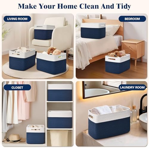 Storage Baskets for Organizing, 4 Pack Baskets for Shelves, Decorative Storage Bins for Shelves, Cotton Rope Storage Basket with Handles, Woven Basket for Storage, 13''Lx8.7''Wx7.9''H, White & Blue
