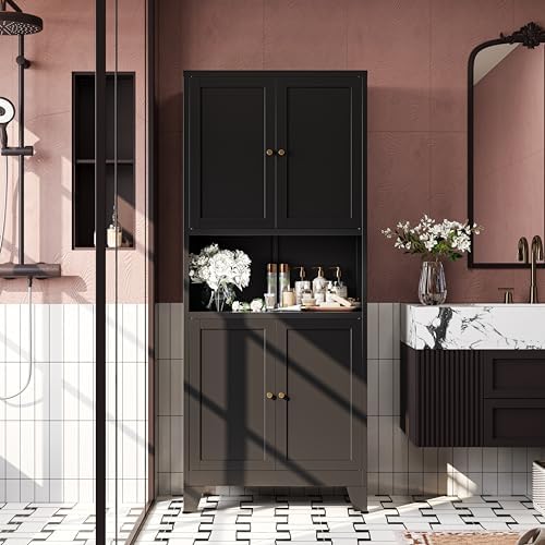 69"H Metal Storage Cabinet with Doors and Shelves,Tall Black Cabinets,Bathroom Storage Cabinet,Large Cabinets with Glass Doors and Adjustable Shelves,Cabinet for Bathroom, Living Room, Dining Room