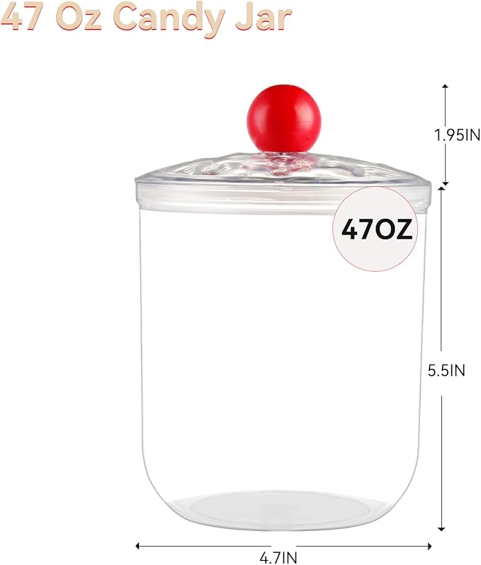47 Oz Candy Jars with Lids - Clear Plastic Cookie Storage Containers Airtight Apothecary Canisters for Kitchen Home Decorative Pantry Office Party Organize Sugar Tea Coffee Snacks