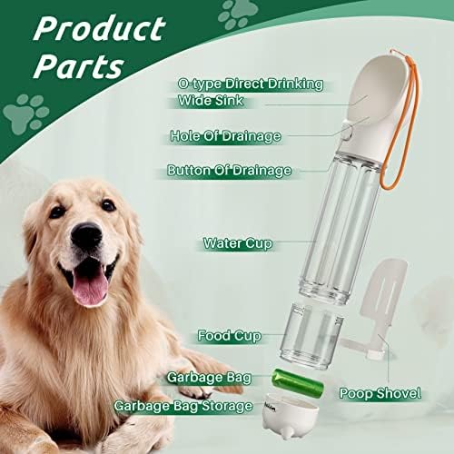 Dog Travel Water Bottle and Food Dispenser- Portable Travel Dispenser with Leak-Proof Bowl with Poop Bag- Outdoor Pet Water Bottle for Walking, Hiking, and Traveling - Length: 12.6"