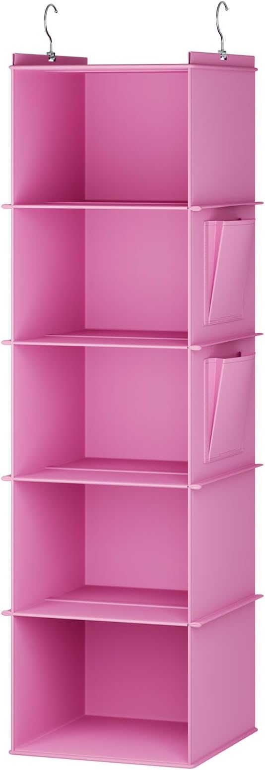 YOUDENOVA Hanging Closet Organizer and Storage, 5-Shelf, Light Pink | Locker/RV/Camper Organizer, 2 Side Pockets, Hanging Shelves for Small Closet, Dorm Room Essentials for Guys, Non-woven Fabric