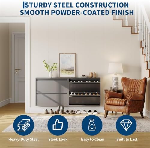 Garvee Slim Metal Shoe Cabinet with 2 Flip Drawers for Entryway, Dark Gray | Narrow Shoe Storage, Wall Mounted or Floor Standing, Detachable Bottom Corners for Flexible Placement, Anti-Tip Wall Mount