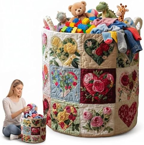 Quilted Laundry Basket with Handles, Boho Floral Fabric Storage Hamper, Large Soft Storage Hamper for Bedroom, Laundry Room, Clothes(14"x 18")