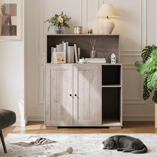 Garvee Dog-Proof Large Cat Litter Box Enclosure with Scratch Pad, Large Automatic Litter Box Furniture for Placing Self-Cleaning Litter Box,Litter Cabinet with Outlet,Space for Cat Stuffs