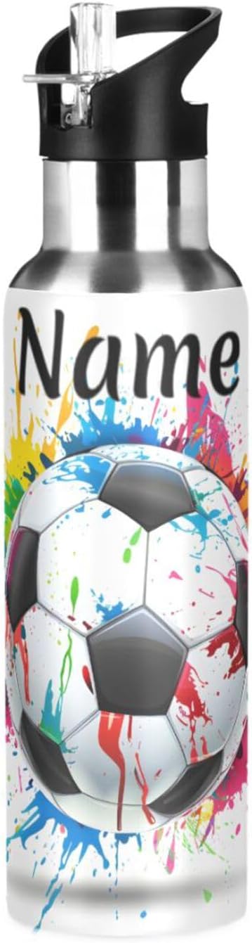 Custom Name Soccer Ball Colorful Water Bottle with Straw Lid Kids Insulated Stainless Steel Water Flask Sports, 20 Oz Hot Cold