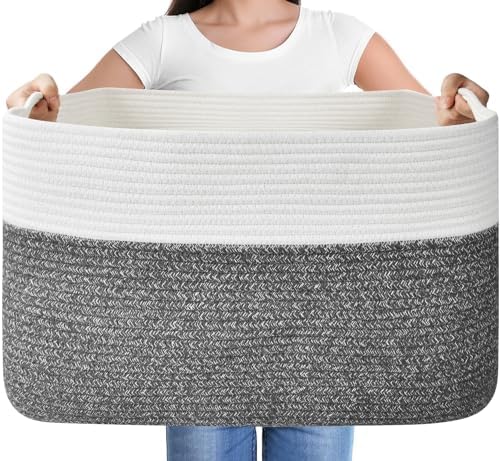 Issudata Large Blanket Basket, Rectangle Woven Baskets for Storage, Blanket Storage for Living Room, Cotton Rope Basket for Toys，Big Storage Basket for Blankets