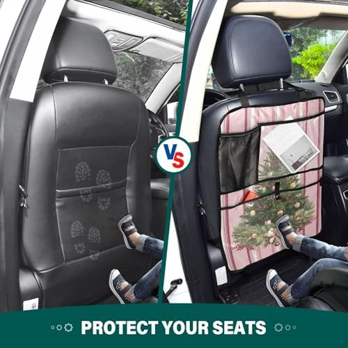 2 Pack Back Seat Car Organizer with Storage Pockets Kick Mats Back Seat Protector Hanging Car Organizer Automotive Seat Back Cover Organizers Cute Pink Striped Christmas Tree