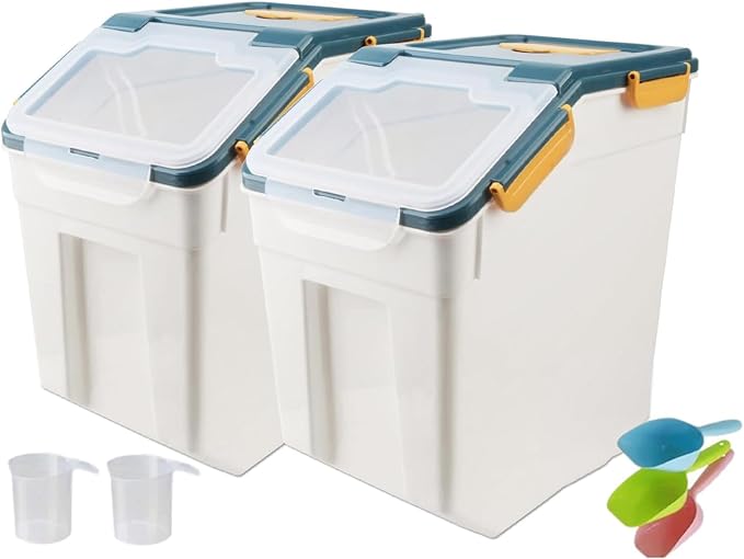 50LB Large Flour Storage Container Bin,2 Pack Airtight Plastic with Wheels Seal Locking Lid Dispenser Organizer Bin with Measuring Cup & Scoop for Flour, Rice, Grain 100LBS Total Capacity(Blue)