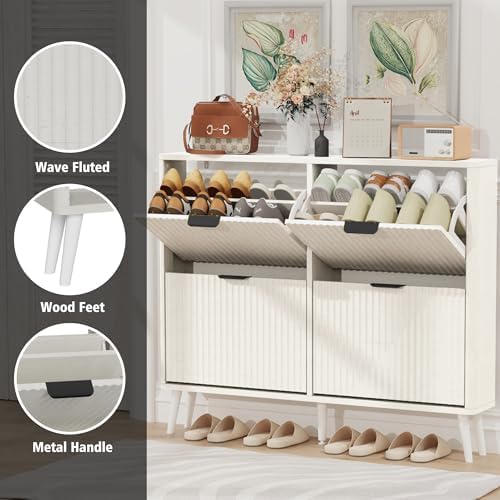 KIGOTY Narrow Shoe Storage Cabinet, Shoe Cabinet with 4 Flip Drawers, Freestanding Shoe Organizer with Legs for Entryway, Slim Shoe Rack Cabinet for Enterway (White, 4 Flip Drawer)