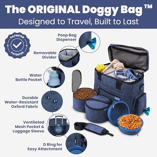 Rubyloo Original Doggy Bag (Navy) & 32oz Insulated Water Bottle with Attached 8oz Bowl (Rescued is My Favorite Breed) – Dog Travel Bag & Hydration Set