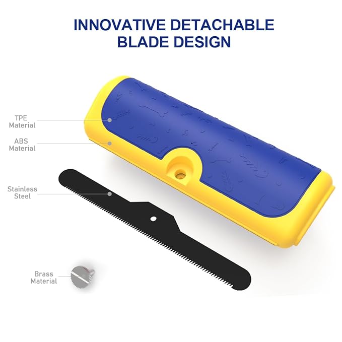 Dog & Cat Deshedding Brush, Undercoat Grooming Tool for Short to Medium and Double Coats, Detachable Stainless Steel Shedding Blade, Ergonomic Non-Slip Handle, Blue/Yellow