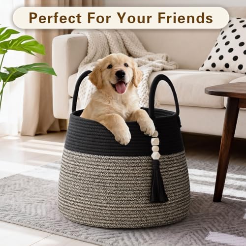 Large Nursery Hamper, 30L Blanket Basket with Handle, Baby Laundry Basket for Gift, Toy, Clothes, Woven Storage Basket with Wooden Bead Decor, Baby Hamper for Nursery (Black&Brown)