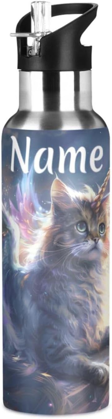 Custom Name Unicorn Cat with Wings Water Bottle with Straw Lid Kids Insulated Stainless Steel Water Flask Sports, 20 Oz Hot Cold