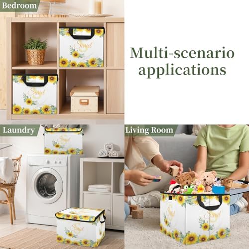 Sunflower Storage Bin with Lid Personalized Storage Baskets for Organizing Foldable Closet Organizers with Handles,Cute Basket for Boys Girls for Clothes Blanket Pet Dog Toy Basket Storage (2 Pack)