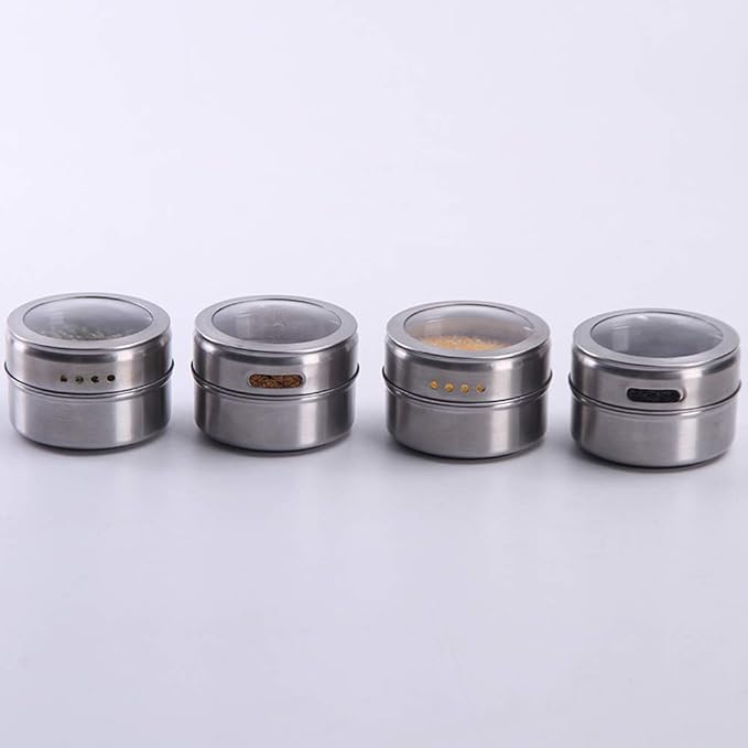 12 Magnetic Spice Jar Containers Spice Tins - Wall Mounted Stainless Steel Base - Easy to Install