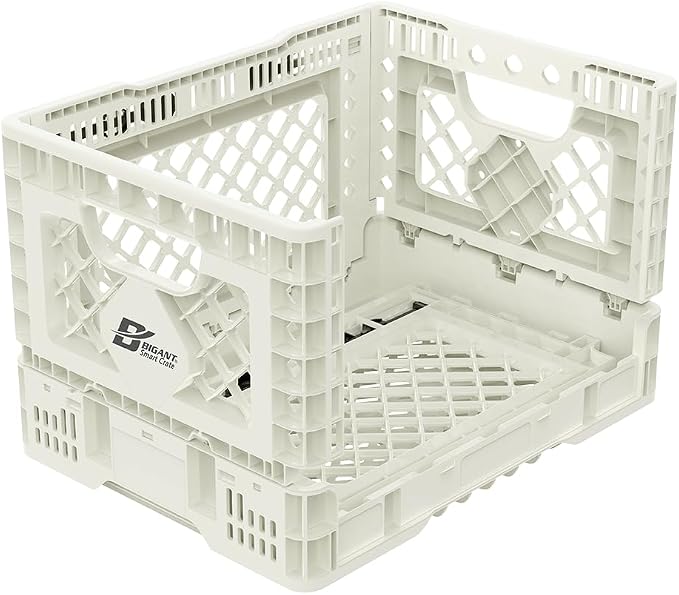 Bigant Heavy Duty Collapsible & Stackable Plastic Milk Crate - Snap Lock Foldable Industrial Garage Storage Bin Container Utility Tote Basket (Ivory, 1 Small Crate)