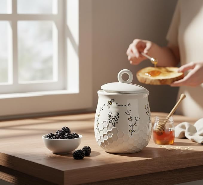 Young's Inc Honey Bee Ceramic Cookie Jar with Lid, Farmhouse Kitchen Storage Canister for Cookies, Treats,Coffee,Tea,Snacks,7.8 Inch Sweet Bee Decor Rustic Kitchen Container