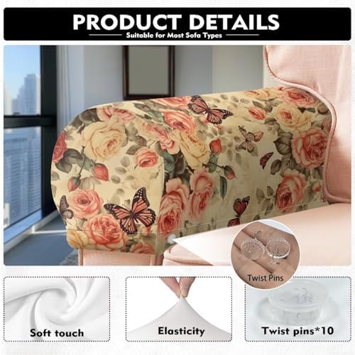 Vintage Floral Sofa Arm Covers for Couch Set of 2 Soft Stretch Armrest Covers Furniture Protector Armchair Slipcovers for Recliner Halloween Decoration