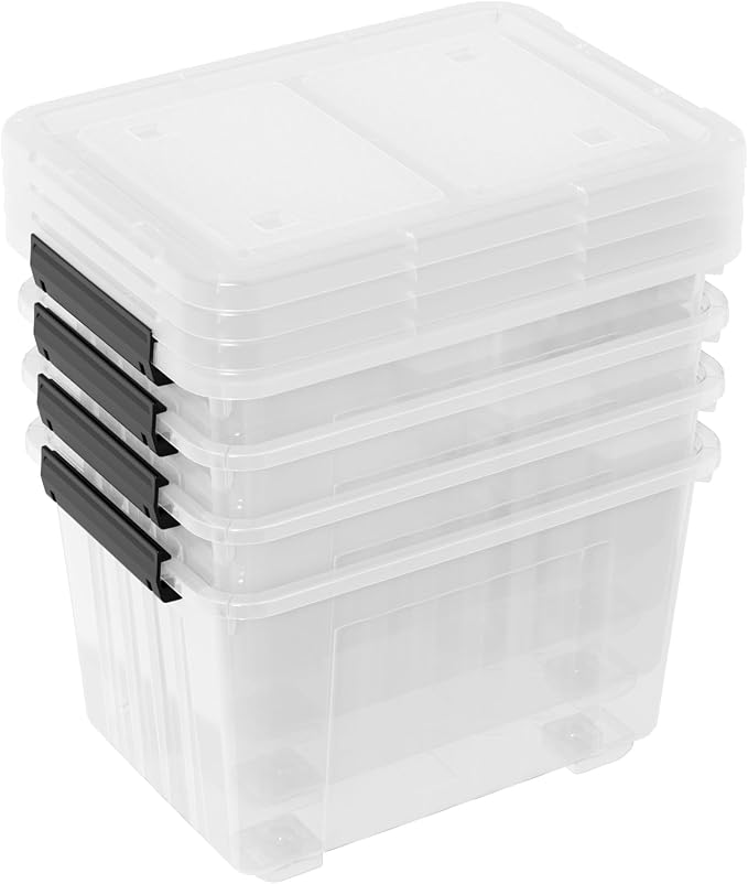 4-Pack 50 Quart Plastic Storage Bin, Stackable Wheeled Box, Clear | Box Organizing Container with Lid and Secure Latching Buckles, Stackable Rolling Storage Boxes, Clear See-Through