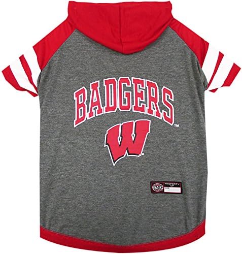 NCAA Wisconsin Badgers Hoodie for Dogs & Cats, Medium Collegiate Licensed Dog Hoody Tee Shirt. Sports Hoody T-Shirt for Pets. College Sporty Dog Hoodie Shirt.