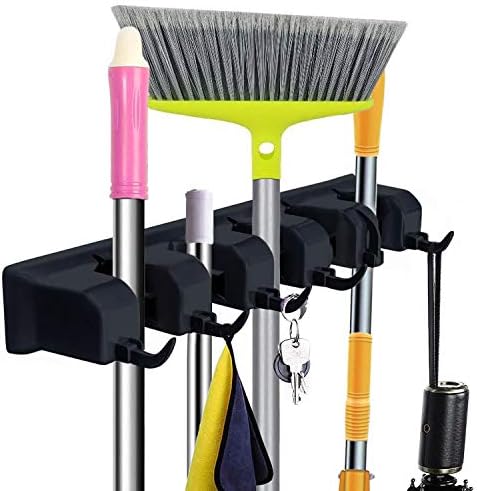 Mop and Broom Holder Wall Mount Heavy Duty Tool Organizer For Home Garden Garage And Storage (5 Positions with 6 Hooks)