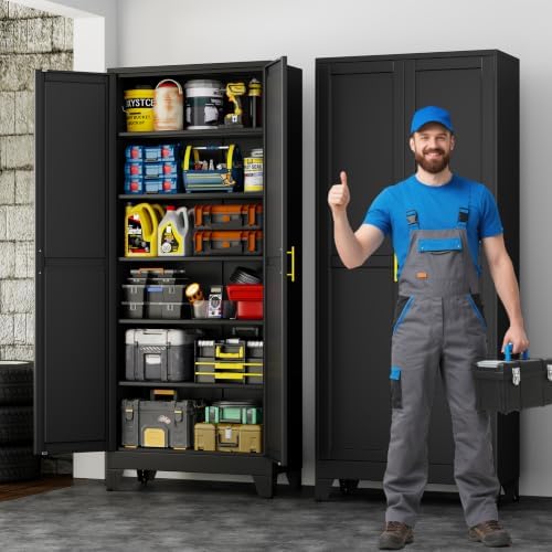 75" Metal Garage Storage Cabinet with 2 Doors, 5 Adjustable Shelves