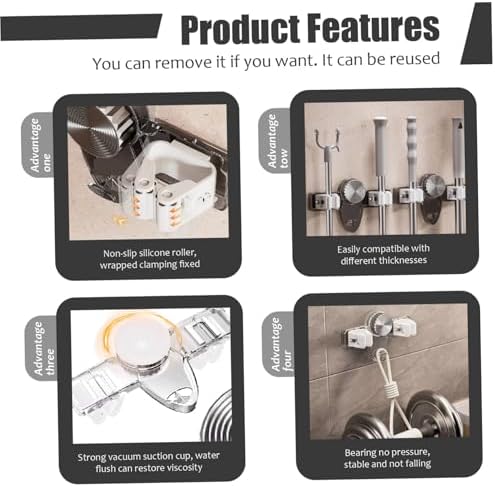 2PCS Suction Cup Broom Holder Wall Mount, No Drill Mop and Broom Organizer with Retractable Towel Rack, Transparent Bathroom Storage, Grey Holder and Mop Wall Mount Hanger Organizer Hangi