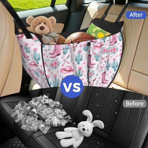 Pink Cowboy Boots Cactus Floral Car Seat Organizer Backseat Storage Bag, Large Waterproof Vehicle Organizer With Adjustable Straps For Gear Essentials, Fits Most Cars