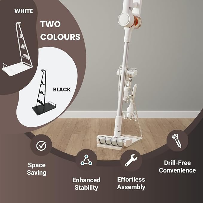 Vacuum Stand No-Drill Storage for Most Stick Vacuum Home Cleaning | metal storage frame, tool holder use, and broad stick-vac fit for clearer buying for daily cleaning,Wallless hole drilling