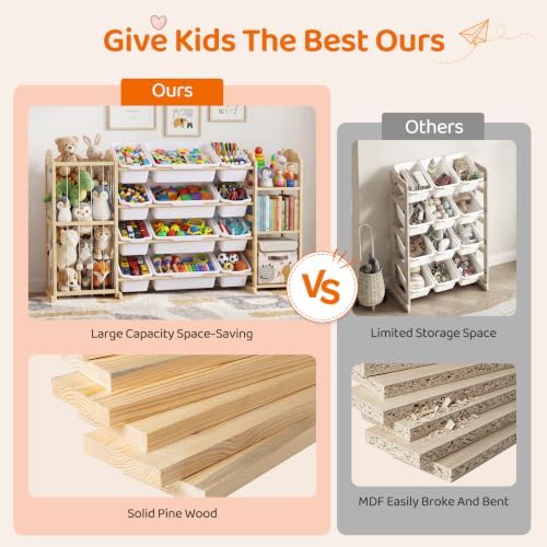 LAMU 3-in-1 Toy Organizer with Bookshelf, Stuffed Animal Storage with 12 Bins and 3 Shelves, Wooden Book Shelf for Playroom Kids Room Nursery Bedroom Living Room Decor, White