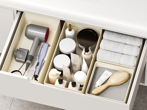 DIMJ Drawer Organizers Clothes, Set of 10 Dresser Organizer Bins, Fabric Closet Organizers and Storage, Shallow Drawer Dividers for Nursery, Clothing, Baby Clothes, Socks, Underwears, Tie (Beige)