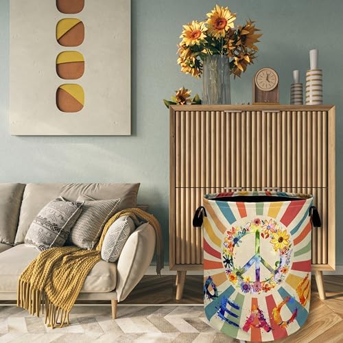 Hippie Peace Laundry Basket Foldable Oxford Cloth Hamper 18.9"x16.5"