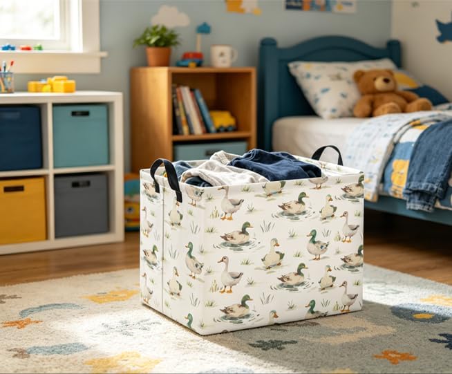 Rectangular Baby Kids Storage Basket for Home Kitchen Girls Cute Toy Storage Bin Organizer Shelf Book Room Decor(Duck)