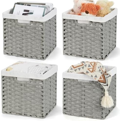 Bidtakay Wicker Cube Baskets with Liners Cube Storage Organizer for Shelves Closet 11 inch 4 Pack Decorative Hand-Woven Imitation Wicker Storage Bins for Organizing Pantry Bedroom Light Grey