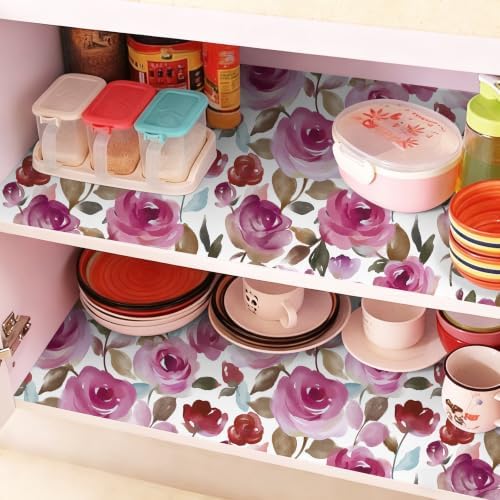 HAOKHOME Self Adhesive Shelf Liner Purple Rose Floral Cabinet Drawer Liners | Peel and Stick Contact Paper Kitchen Cupboard Dresser Drawes Waterproof Bathroom Countertop Wire Decorative 17.3in x 6.5ft