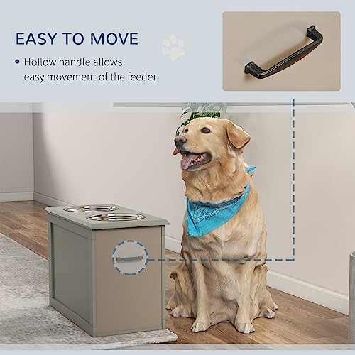 Elevated Dog Feeder with Storage 2 Stainless Steel Bowls Stand for Large Dogs Raised Feeding Station for Joint & Spine Health MDF Frame in Neutral Gray Pet Food Organizer