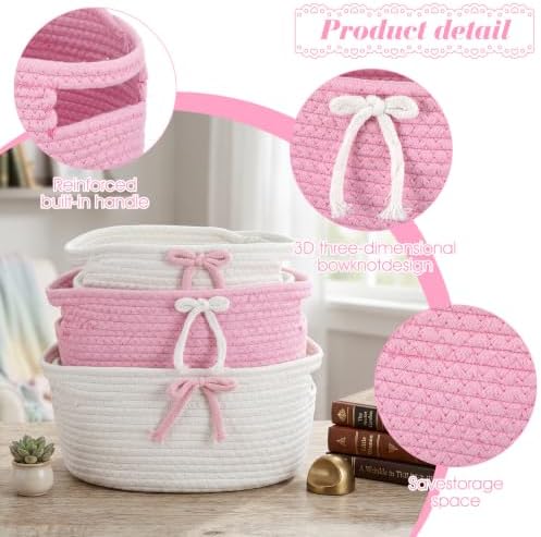 3 Pcs Bow Storage Baskets Woven Cotton Rope Laundry Hamper with Handles, Pink and White Set for Home Decor Organization, Nursery, Pet Toy Bin