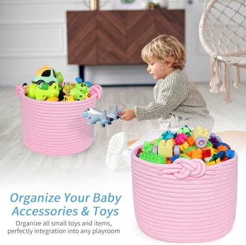 ABenkle Small Woven Basket, Cotton Rope Shelf Storage Basket, Small Round Basket, Cute Basket, Decorative Round Bin for Nursery Bedroom Bathroom, 9.4" x 9.4"x 7.1" Empty Gift Basket- Pink