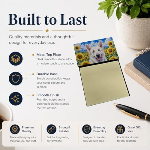 Caroline's Treasures White German Shepherd in Sunflowers Watercolor Sticky Note Holder Refillable Dispenser Desk Accessory 3x3 Pad Gift