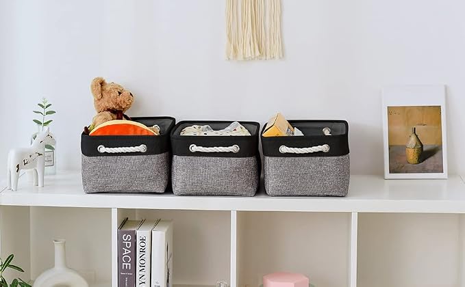 Storage Basket for Organizing - 14x10x7 inch Medium 3 Pack Collapsible Storage Bin for Shelves with Rope, Fabric Storage Cubes for Organizer Cloth Gift Toy Closet (Black & Grey)