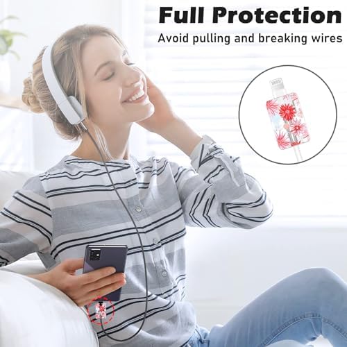 Cute Cable Protector for iPhone Adapter Charger, Red Chrysanthemum Flowers Design, Soft TPU Data Cable USB-C Case Data Line Cord Saver Charger Protective Case for iPhone 11 12 13 14 15 Pro Max