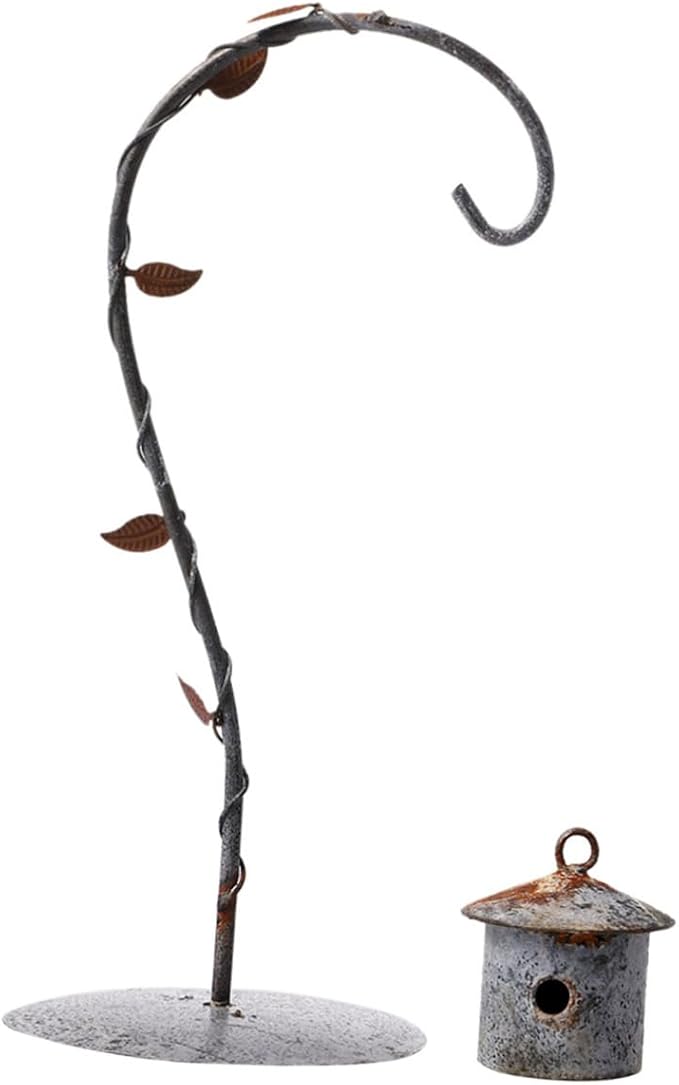 Micro Landscape Iron Wrought Bird Hut with Hanging Hook Retro Rust Desktop Stand for Miniature Decor for Home Garden and Candle Display Light Grey