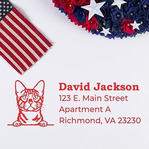 Peeking Bengal Cat Self-Inking Address Stamp - Custom Rubber Stamp | Choice of 11 ink colors. Envelope Stamp with Bengal Cat Design. Personalized Envelope Stamp for Holiday Cards. 4 case colors.