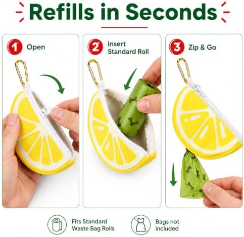 Lemon Dog Poop Bag Holder - Cute Leash Dispenser for Dog Walking | Dog Poop Bag Holder & Trash Carrier, Leash Attachable Dispenser for Poop Bags, Cute Durable Walking Accessory